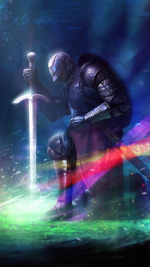 Knight kneeling with sword, digital art