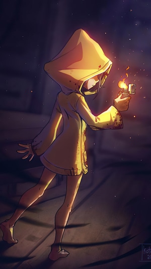 Six from Little Nightmares holding a lighter