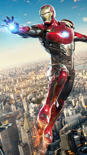 Iron Man flying over a city