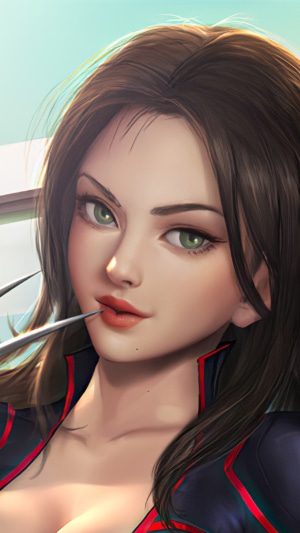 Artwork of a woman with brown hair and green eyes