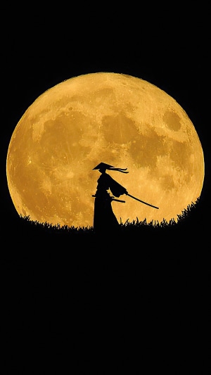 Samurai silhouette against a large full moon