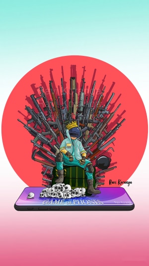 PlayerUnknown's Battlegrounds character on a throne of guns