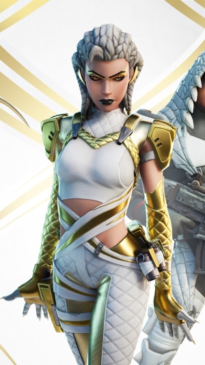 Fortnite character with gold and white armor