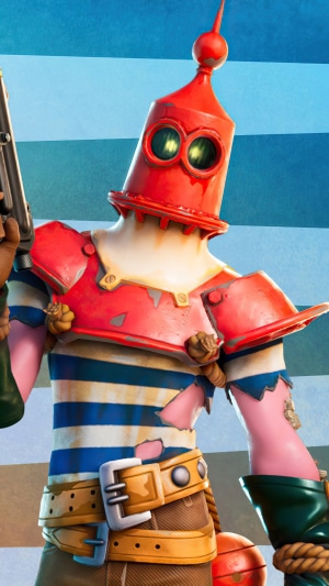Fortnite character with red helmet and striped shirt