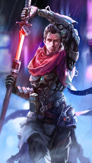 Cyberpunk warrior with a glowing sword
