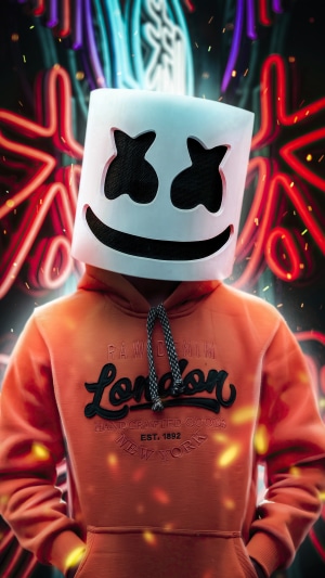 Marshmello wearing his helmet and orange hoodie
