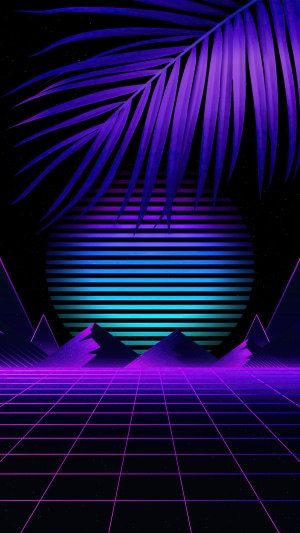 Synthwave digital art with palm leaf and grid landscape