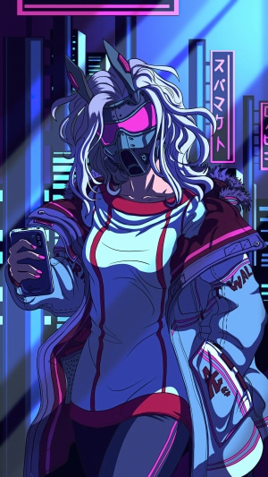 Cyberpunk character with bunny ears holding a phone