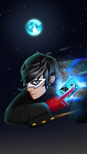 Joker from Persona 5 holding a Persona card