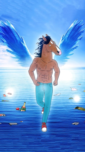 Bojack Horseman with wings in the ocean