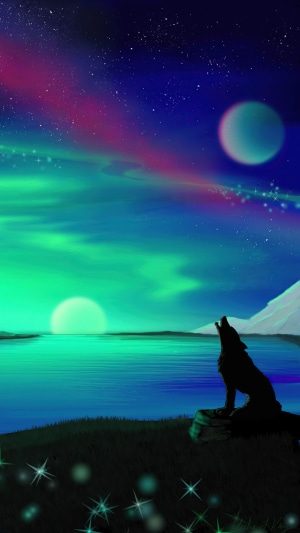 Wolf howling at aurora borealis and moon