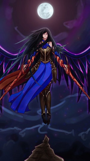 Artwork of a winged woman with black hair and blue dress