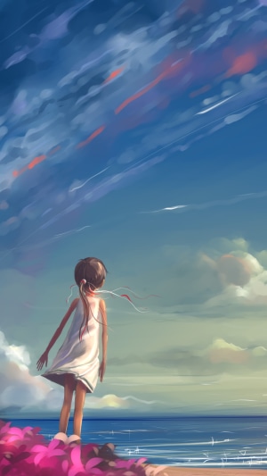 Anime girl in white dress on beach