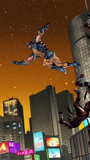 Wolverine and ninjas in a city at night