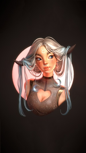 Taurus zodiac girl with horns and moon earrings
