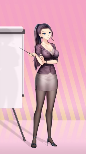 Anime girl with ponytail presenting at whiteboard