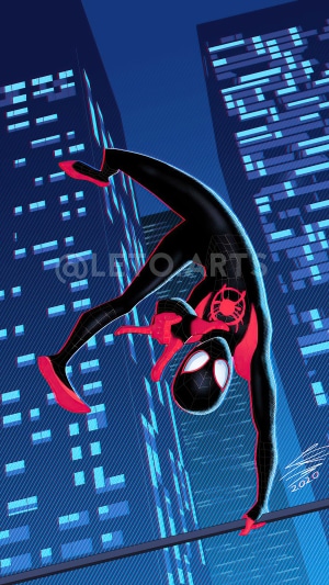 Miles Morales from Spider-Man hanging upside down