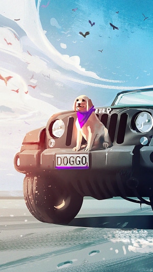 Doggo on a Jeep with "DOGGO" license plate