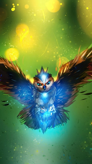 Digital art of a magical owl with glowing blue energy