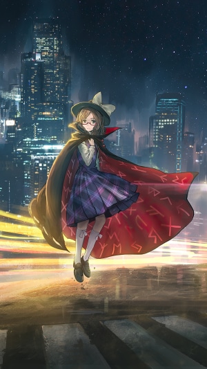 Anime girl with glasses and cape in city at night