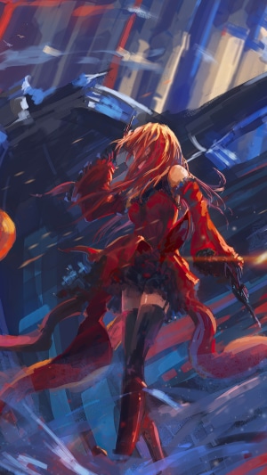 Anime girl in red dress with gun