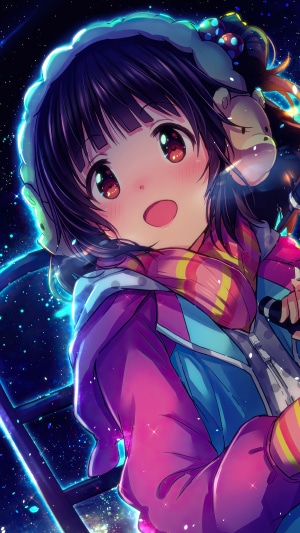 Anime girl with headphones and scarf in space