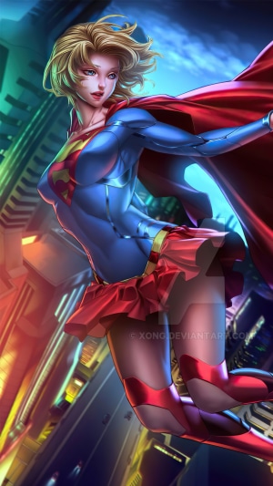 Supergirl flying over a futuristic city