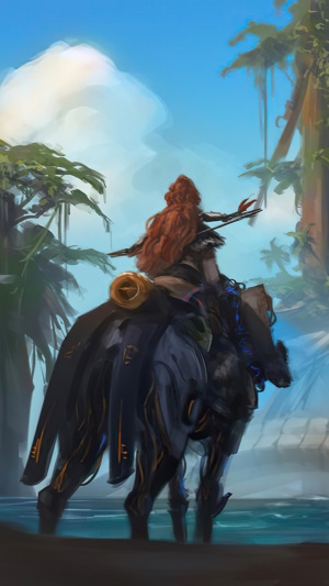 Aloy riding a mechanical creature in Horizon Forbidden West