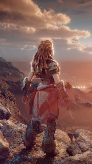 Aloy from Horizon Forbidden West overlooking a valley