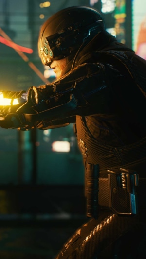 Cyberpunk 2077 character with glowing weapon