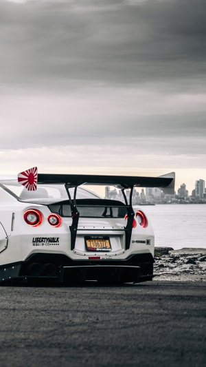 White Nissan GTR with Liberty Walk Spoiler by Waterfront