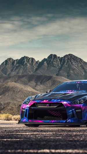 Nissan GT-R with custom wrap in desert landscape