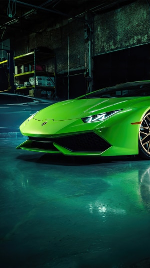 Green Lamborghini Huracan in a garage