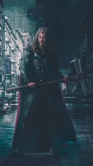 Thor with Stormbreaker in a City