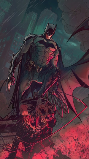 Batman standing on a monster in Gotham City 4K