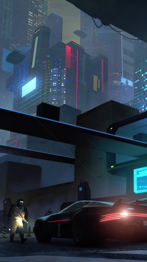 Cyberpunk Cityscape with Futuristic Car and Soldiers