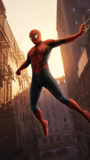 Spider-Man swinging through a city at sunset
