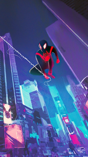 Spider-Man swinging through a neon city