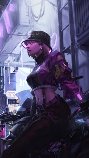 Cyberpunk artwork of a woman in a bucket hat