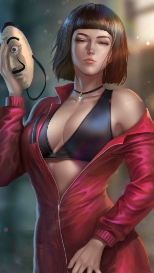 Tokyo from Money Heist holding a mask