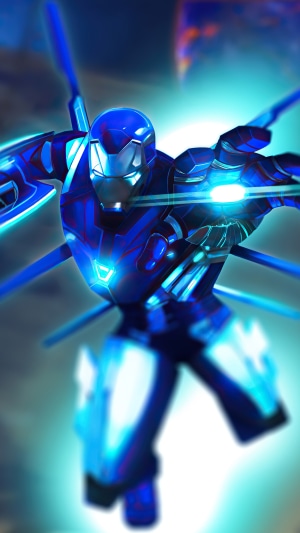 Iron Man in blue armor with glowing accents
