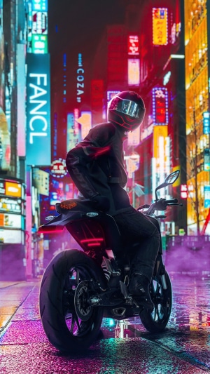 Biker in neon city at night, digital art 4K