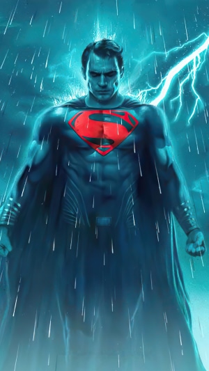 Superman in a thunderstorm with lightning