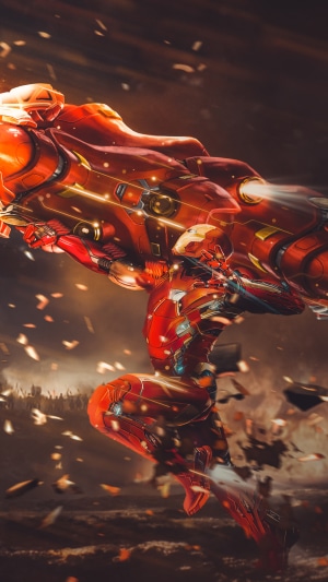 Iron Man in a powerful pose with a large weapon