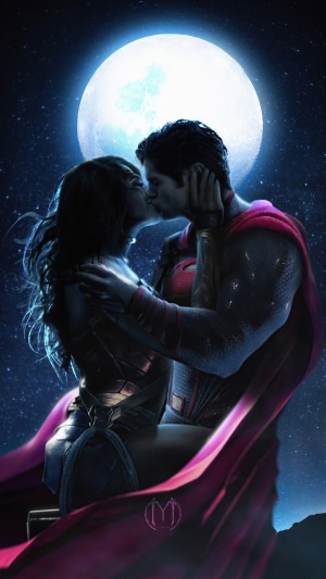 Superman and Wonder Woman kissing under the moon 4K