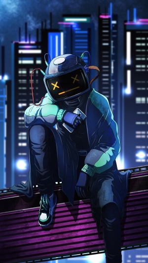 Robot with screen for a face sitting on a rooftop