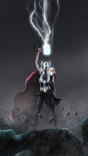 Thor from Marvel Comics summoning lightning with Mjolnir