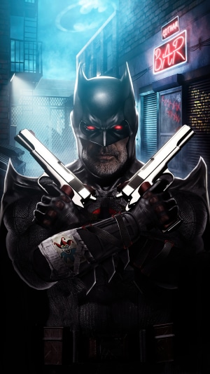 Batman holding two pistols in Gotham alley