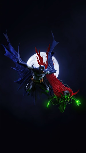 Batman and Spawn in front of the moon