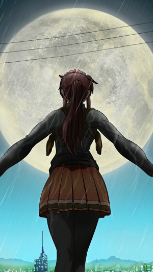 Anime girl in rain under the moon